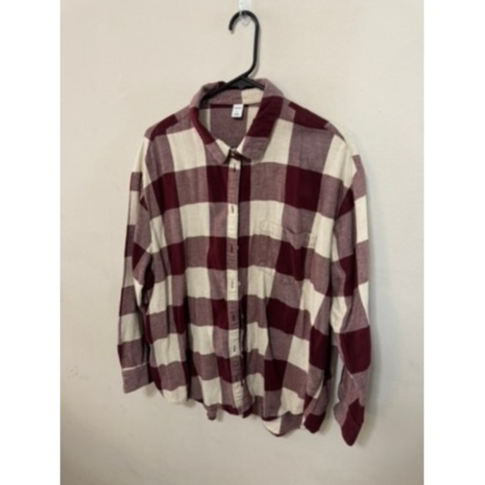 Old Navy Womens Burgundy Cream Buffalo Plaid Flannel Button Down Shirt Size L